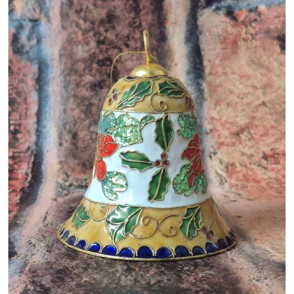 NWT Vintage Home for the Holidays Cloisonne Christmas Bell Poinsette & Holly Dec - Picture 7 of 9